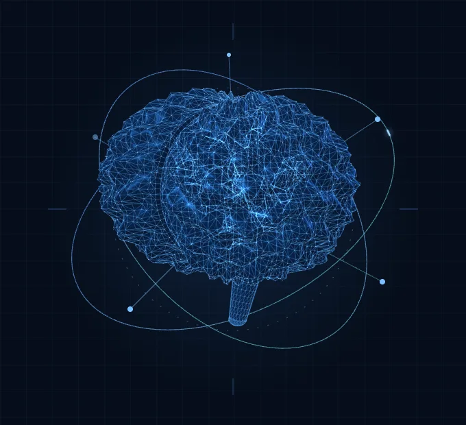 Blue wireframe brain with orbital paths